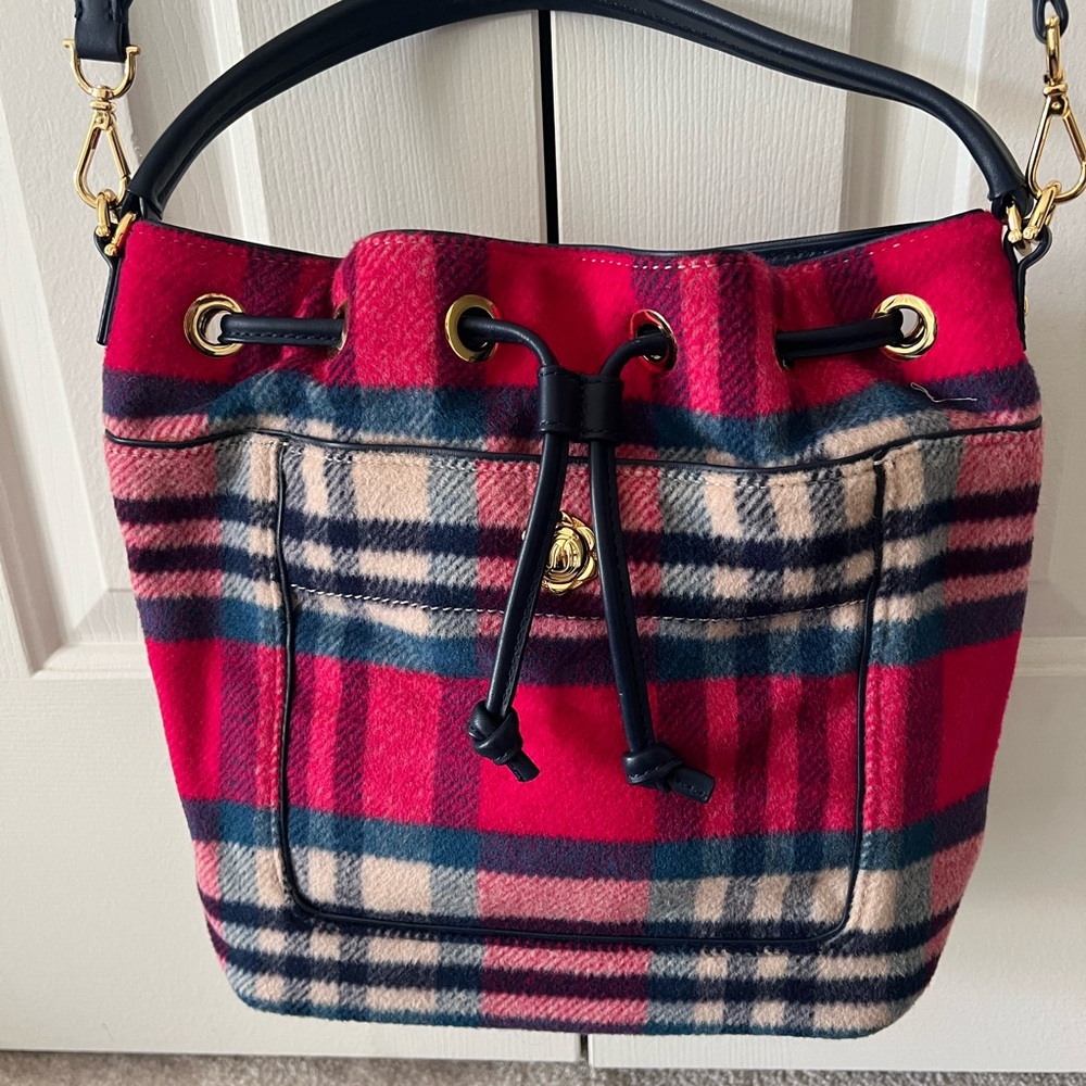 Draper James Crossbody Handheld Bag Red Blue Plaid Navy Leather Trim NWOT